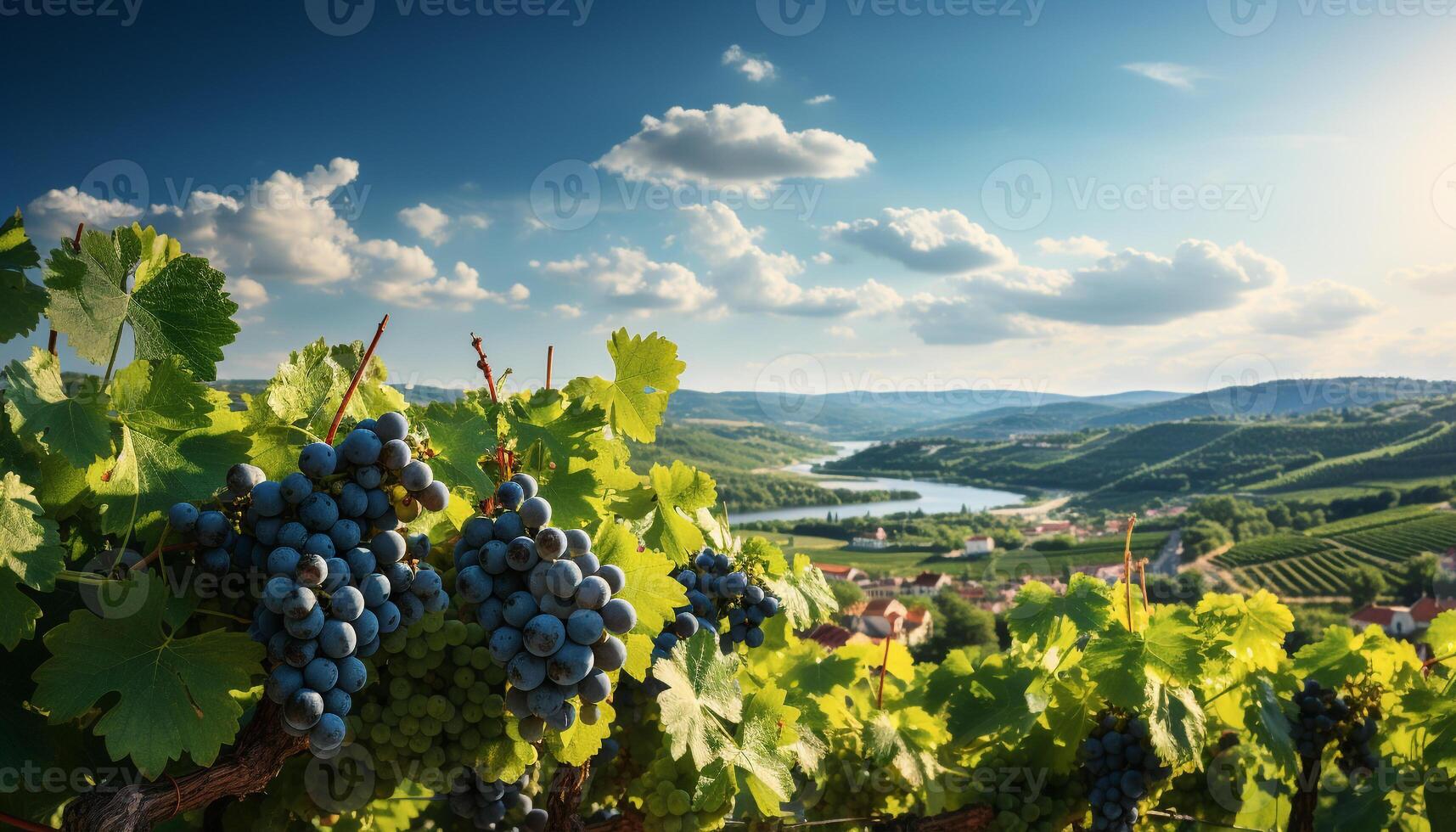 AI generated Ripe grapes on vineyard, nature winemaking in picturesque landscape generated by AI photo