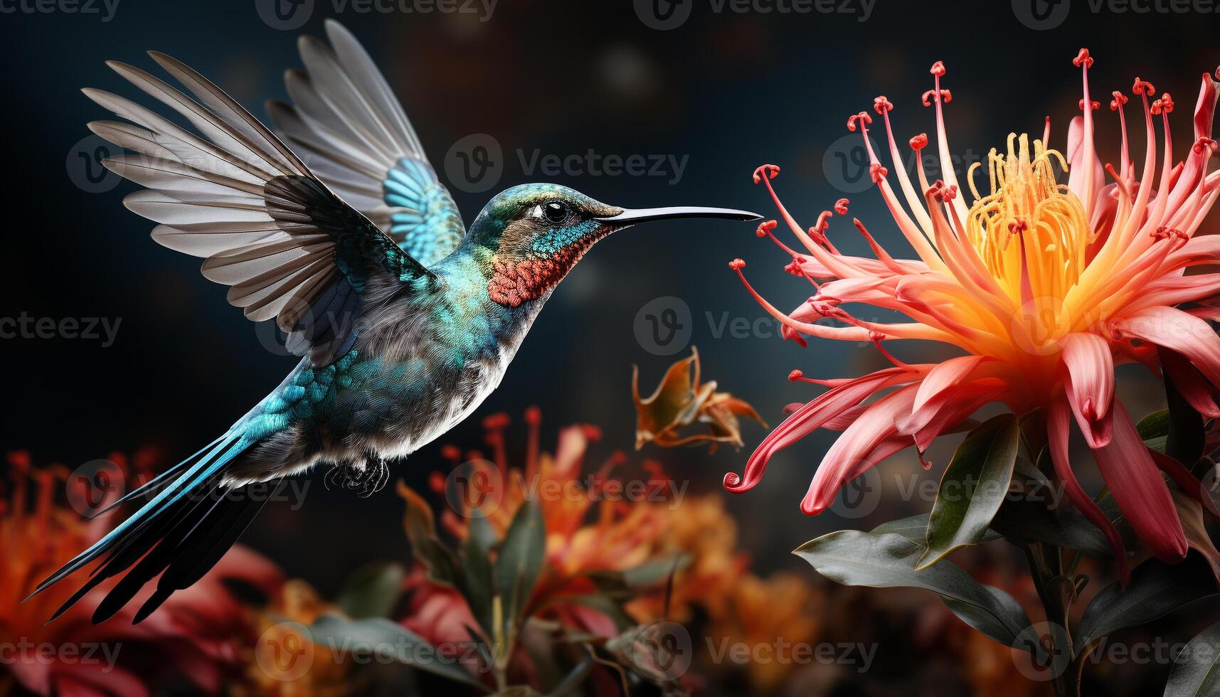 AI generated Hummingbird hovers, spreads wings, pollinates nature vibrant beauty generated by AI photo