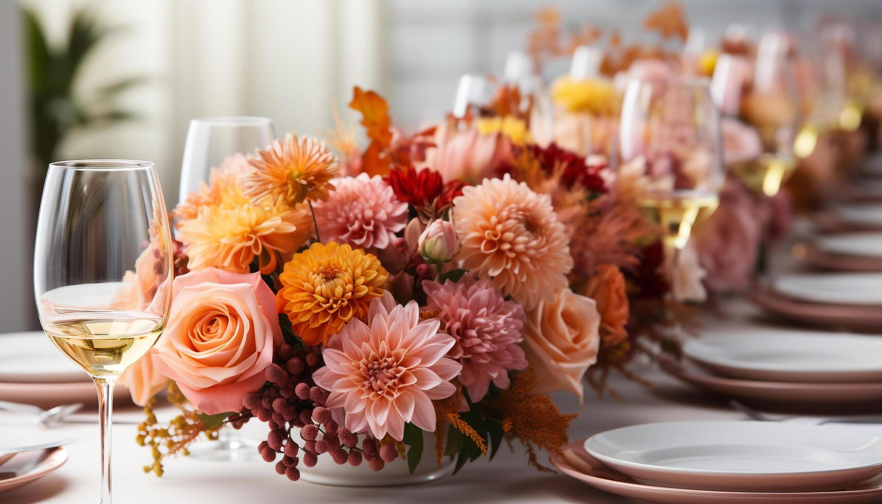 AI generated Romantic wedding celebration  flower bouquet, wine, elegance, candle, love generated by AI photo