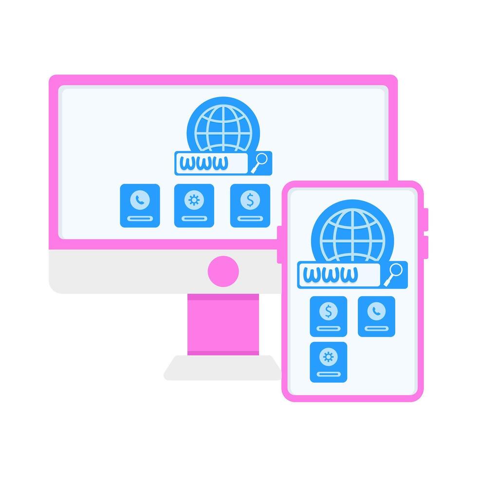website in monitor, website in mobile phone with person illustration vector