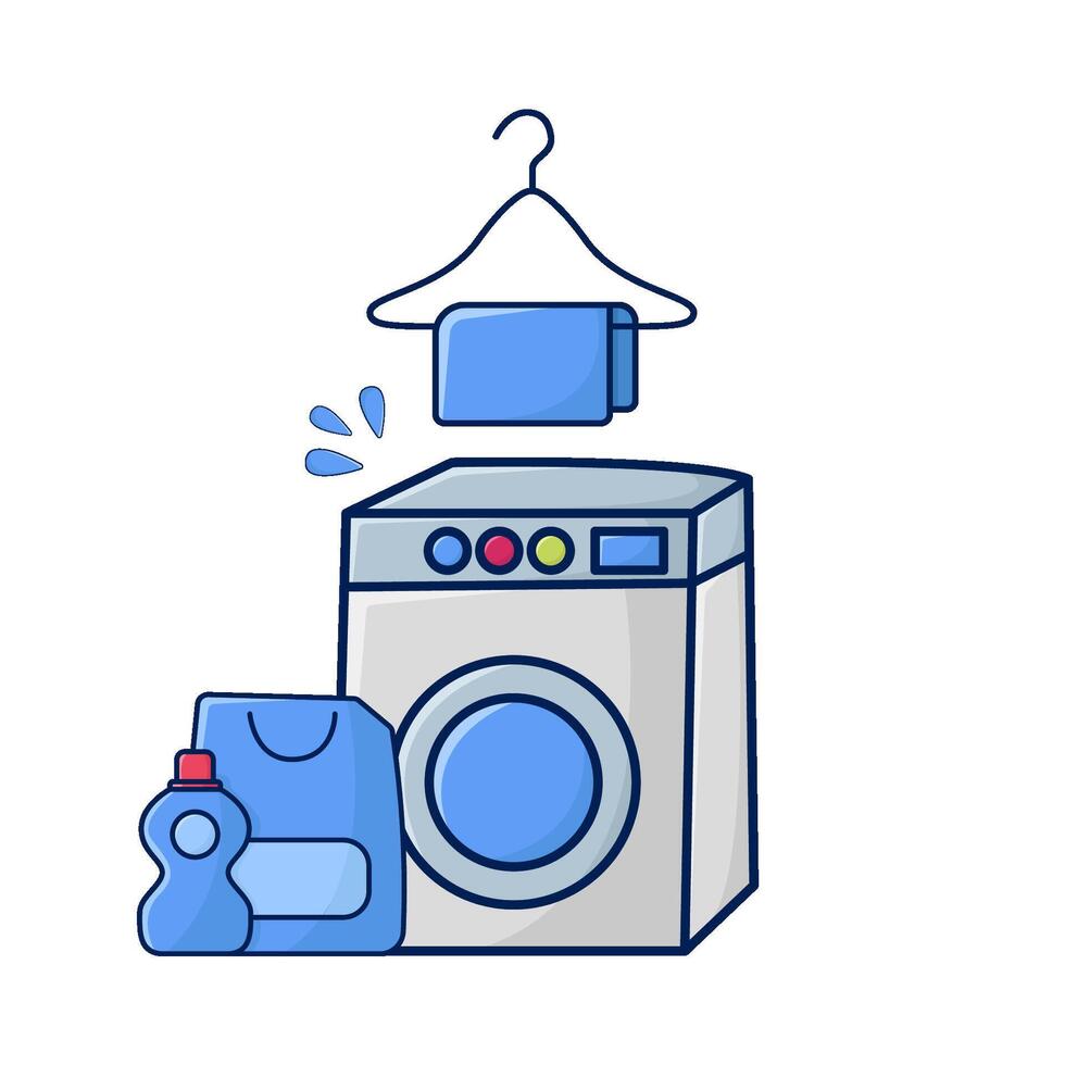 washing machine, bottle detergent liquid with towel hanging illustration vector