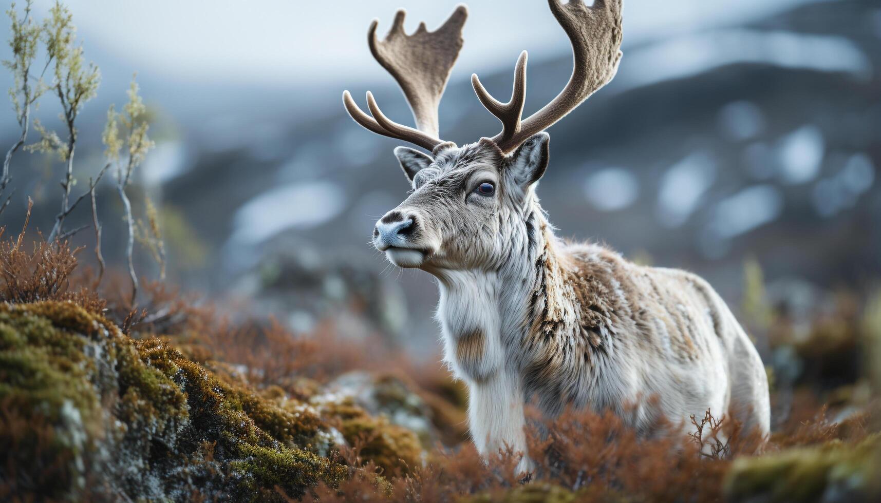 AI generated Cute stag standing in snowy forest, surrounded by tranquil nature generated by AI photo