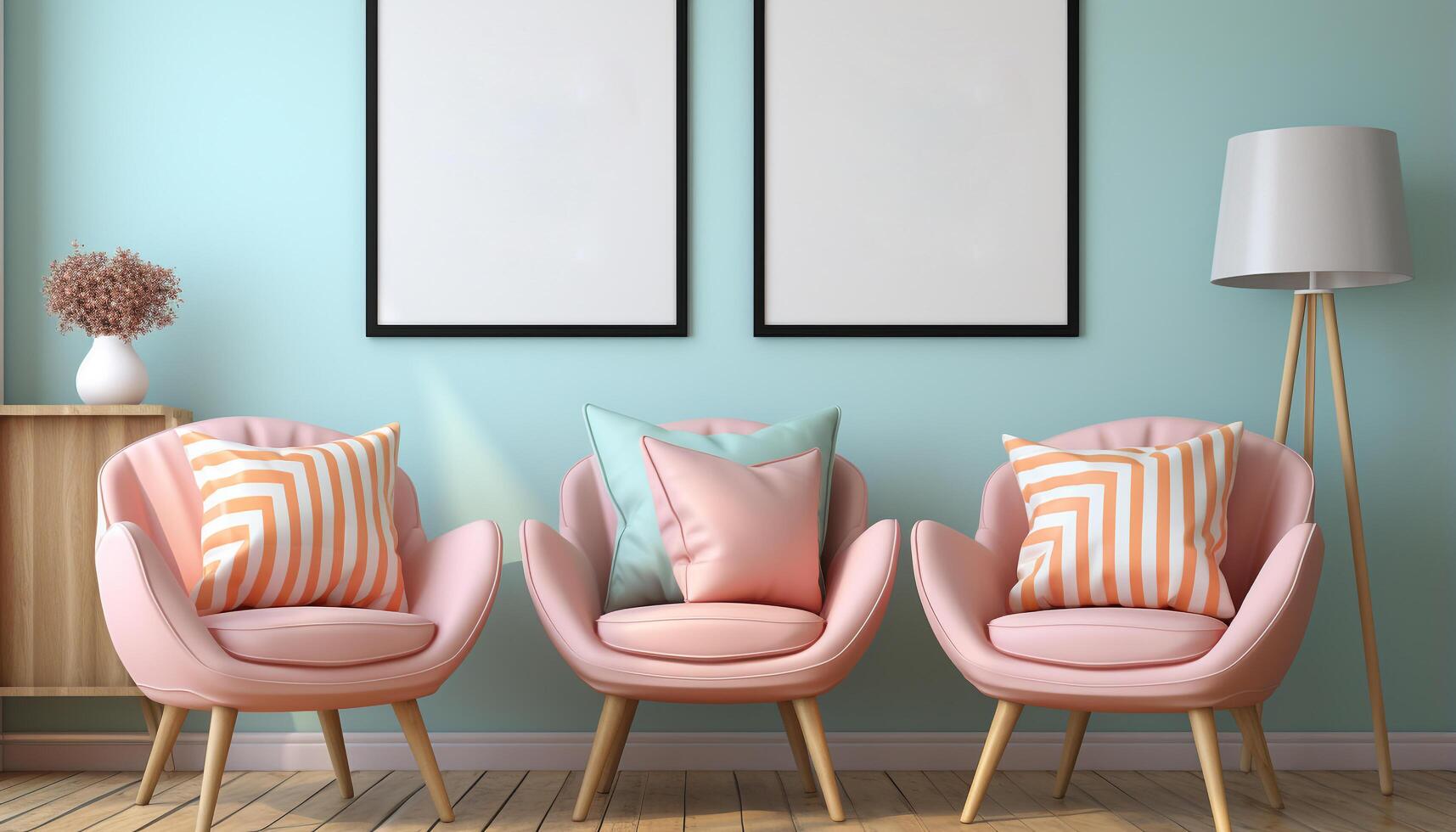 AI generated Modern apartment with comfortable chair, striped wallpaper, and pink pillow generated by AI photo