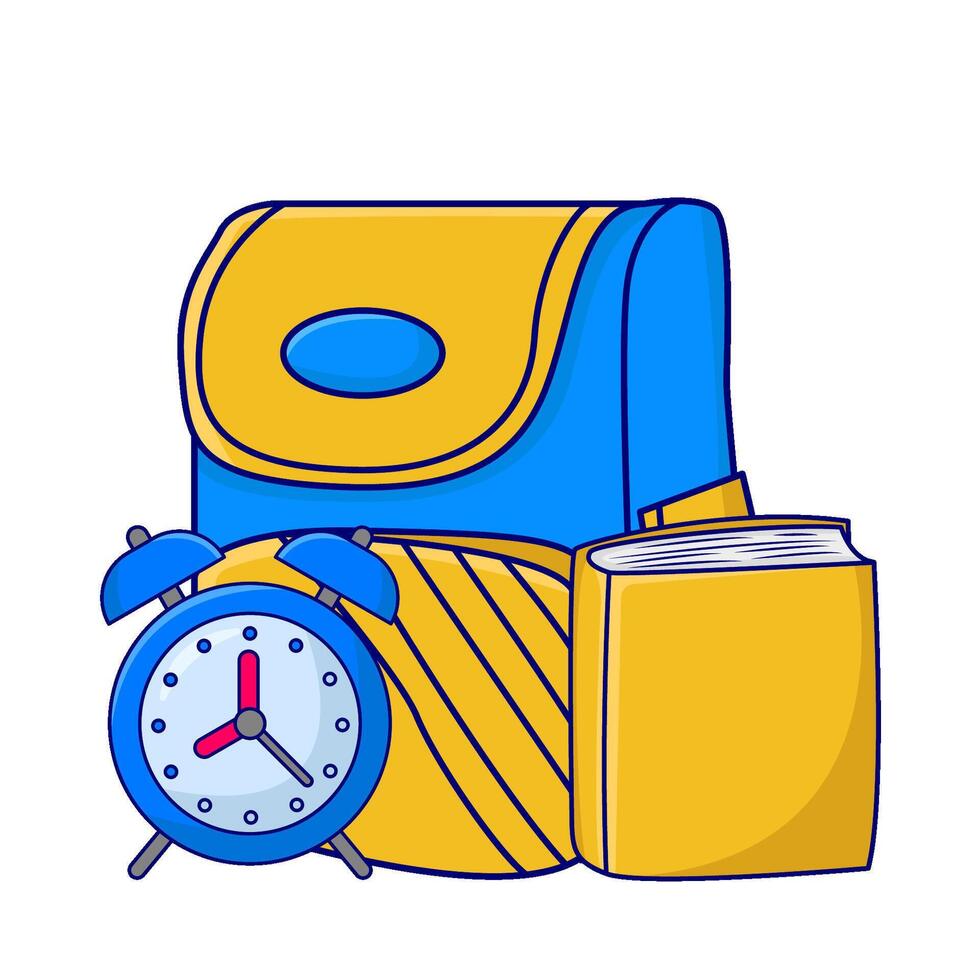 backpack school, alarm clock time with book illustration vector