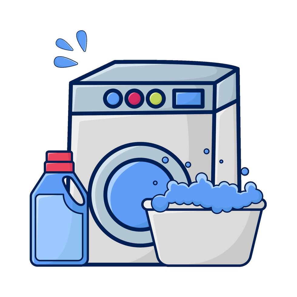 washing machine, bottle detergent with water in bassin illustration vector