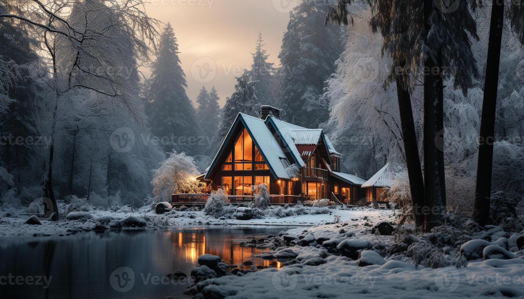 AI generated Winter landscape  snow covered forest, tranquil hut, frozen mountain, peaceful dusk generated by AI photo