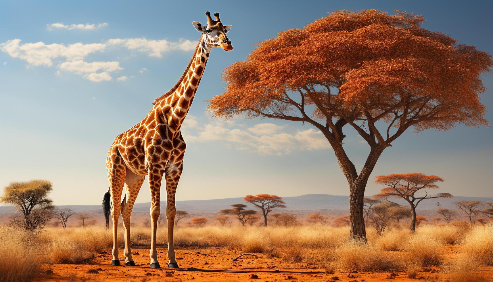 AI generated Giraffe standing in the African savannah, surrounded by wildlife generated by AI photo