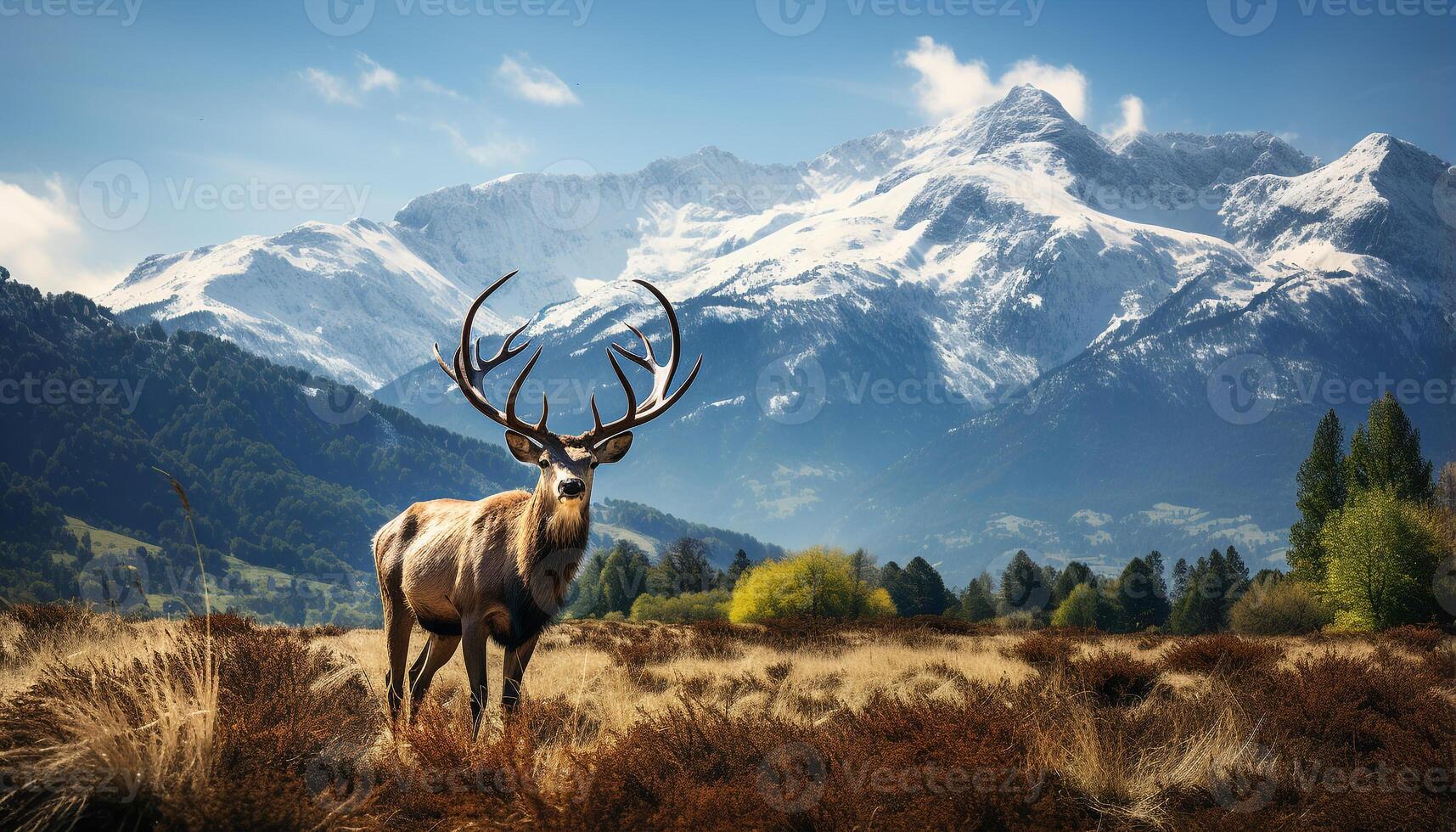 AI generated Majestic stag grazes on mountain meadow, surrounded by tranquil beauty generated by AI photo