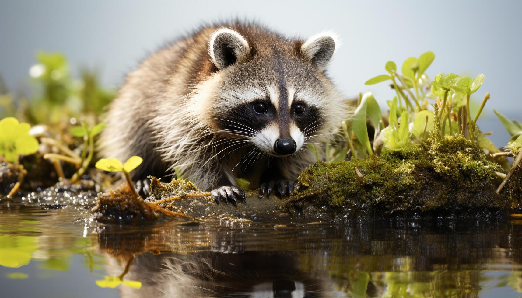 AI generated Cute raccoon looking at camera in green forest generated by AI photo