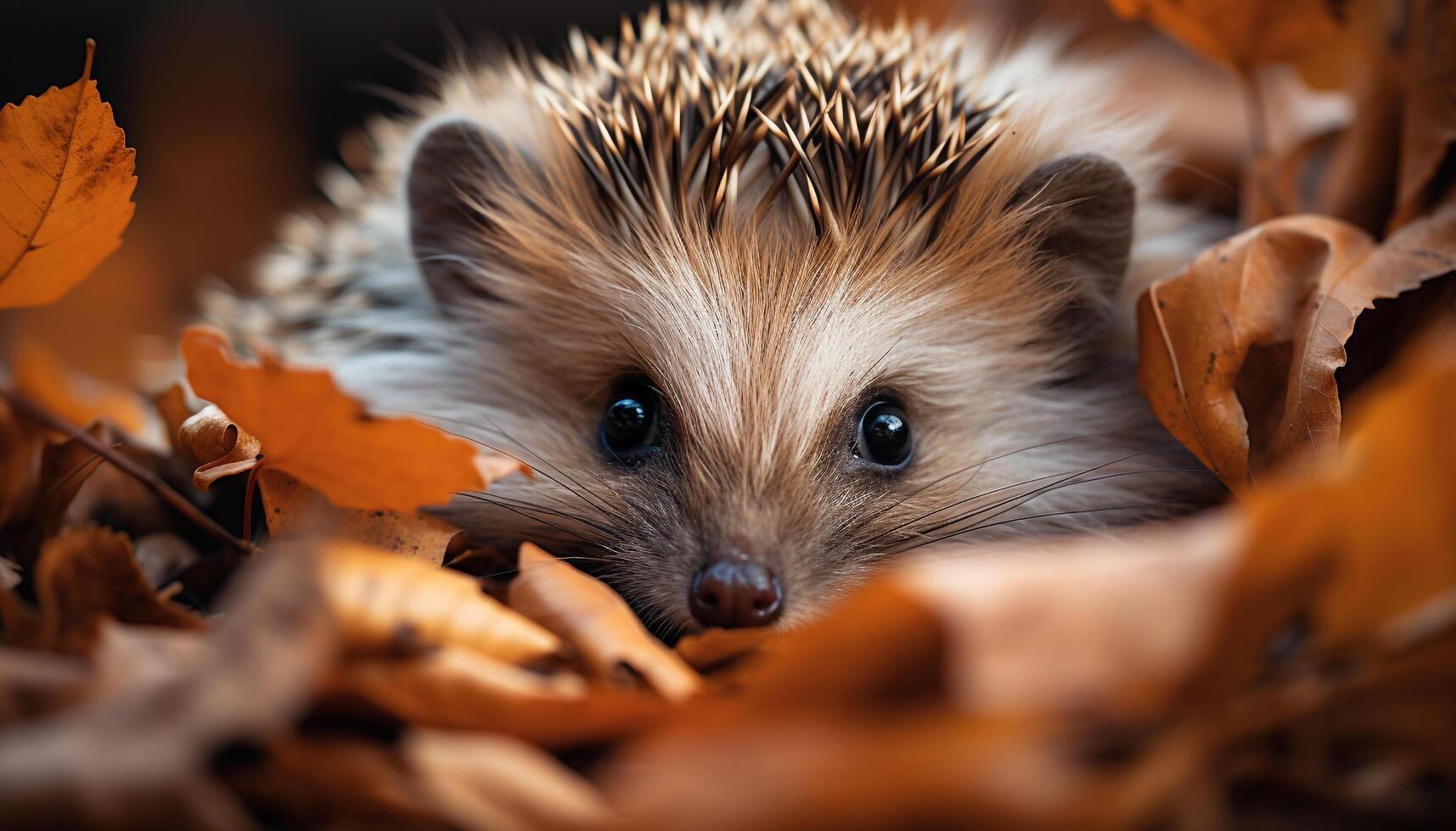 ai generado linda pequeño erizo, mullido pelo, mirando a otoño hoja generado por ai foto