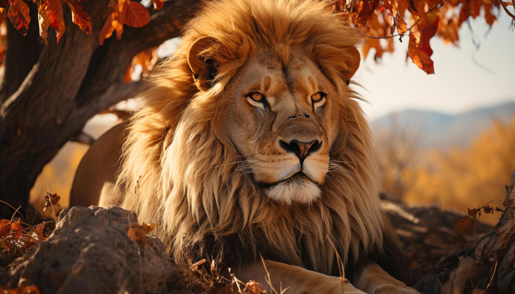 ai generado majestuoso león descansando en el desierto, ocultación en llanura visión generado por ai foto