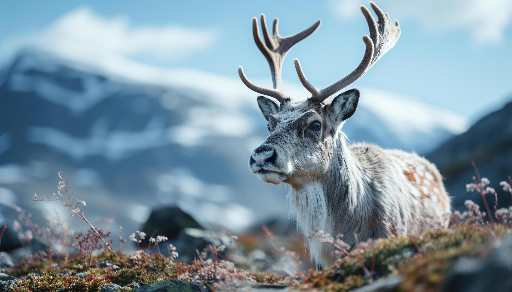 AI generated Majestic deer grazing in tranquil mountain meadow, surrounded by beauty generated by AI photo