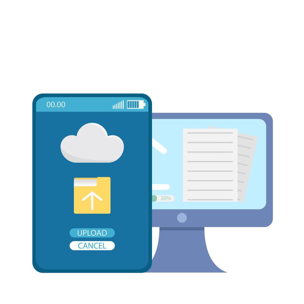 upload file in computer with upload folder in mobile phone illustration vector