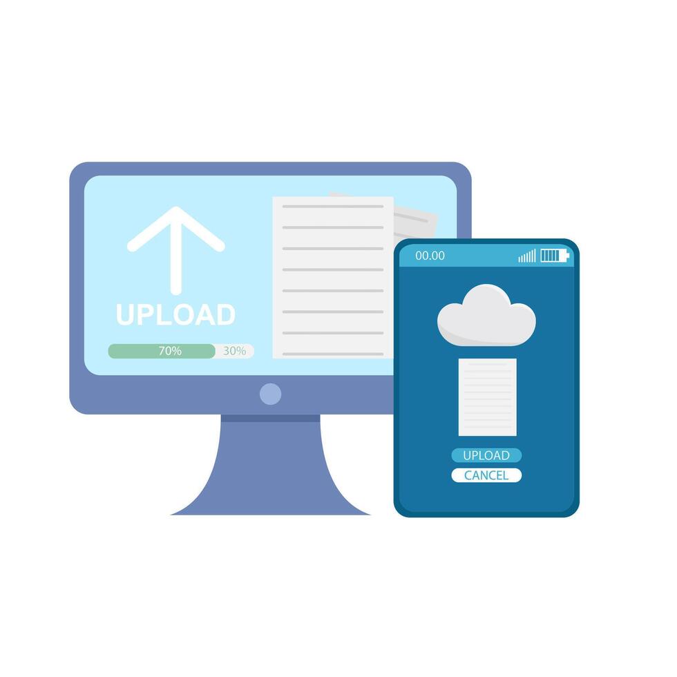 upload file in computer with upload file in mobile phone illustration vector