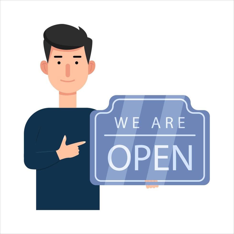 open in sign board with in person illustration vector