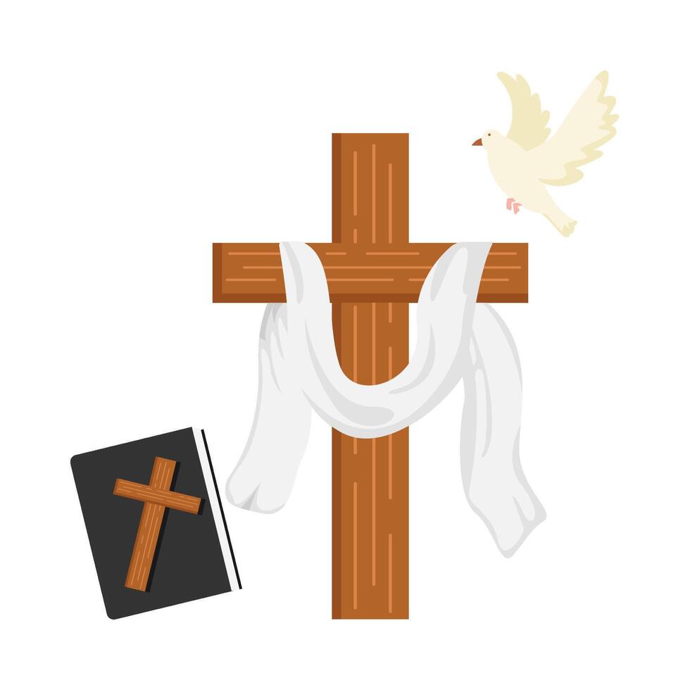 christian cross, bibble book with bird illustration vector
