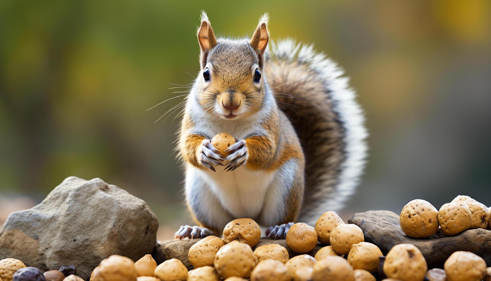 ai generado linda pequeño mamífero comiendo comida al aire libre, mullido ardilla en atención generado por ai foto