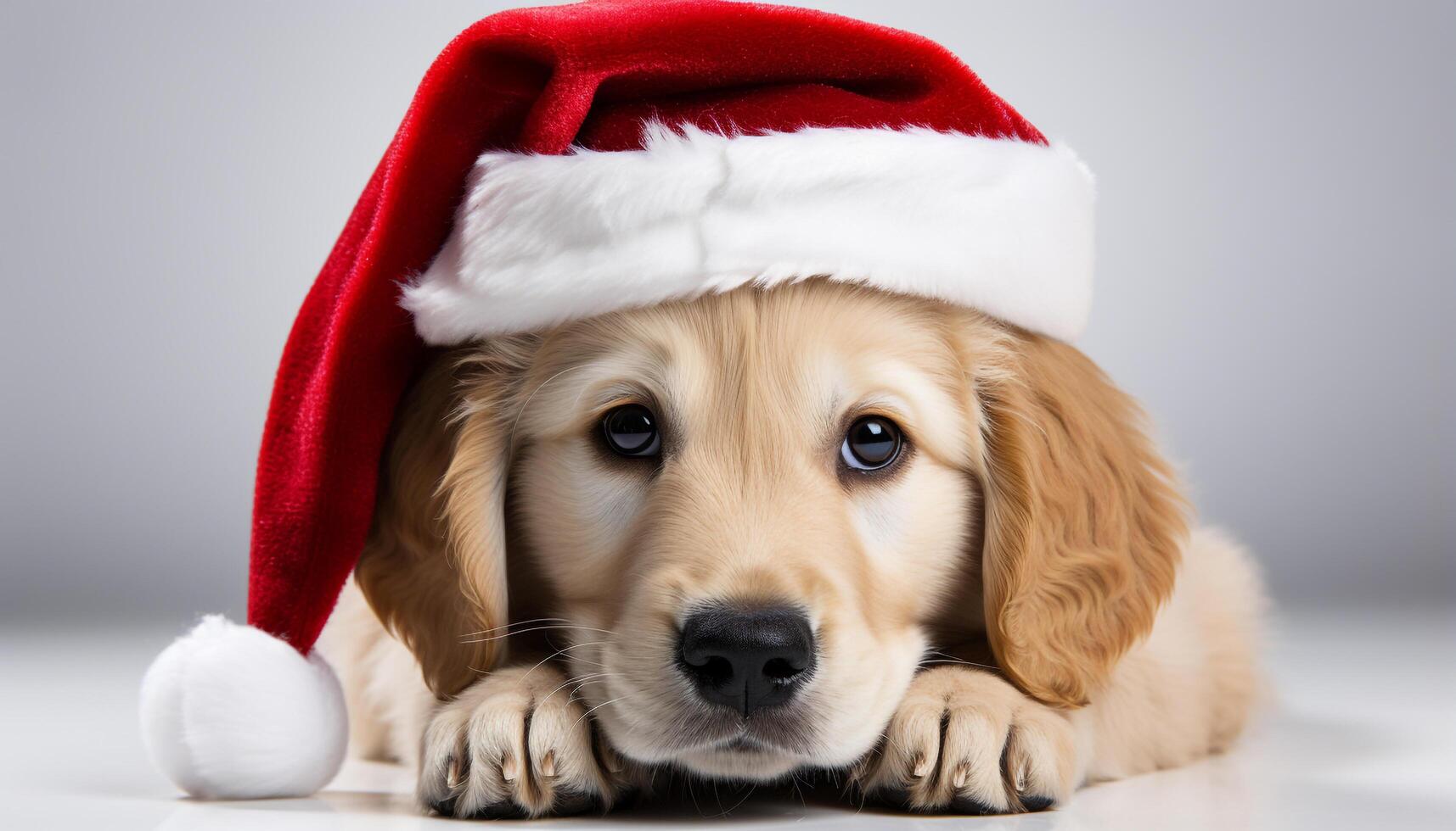 AI generated Cute puppy wearing a cap celebrates winter with a gift generated by AI photo