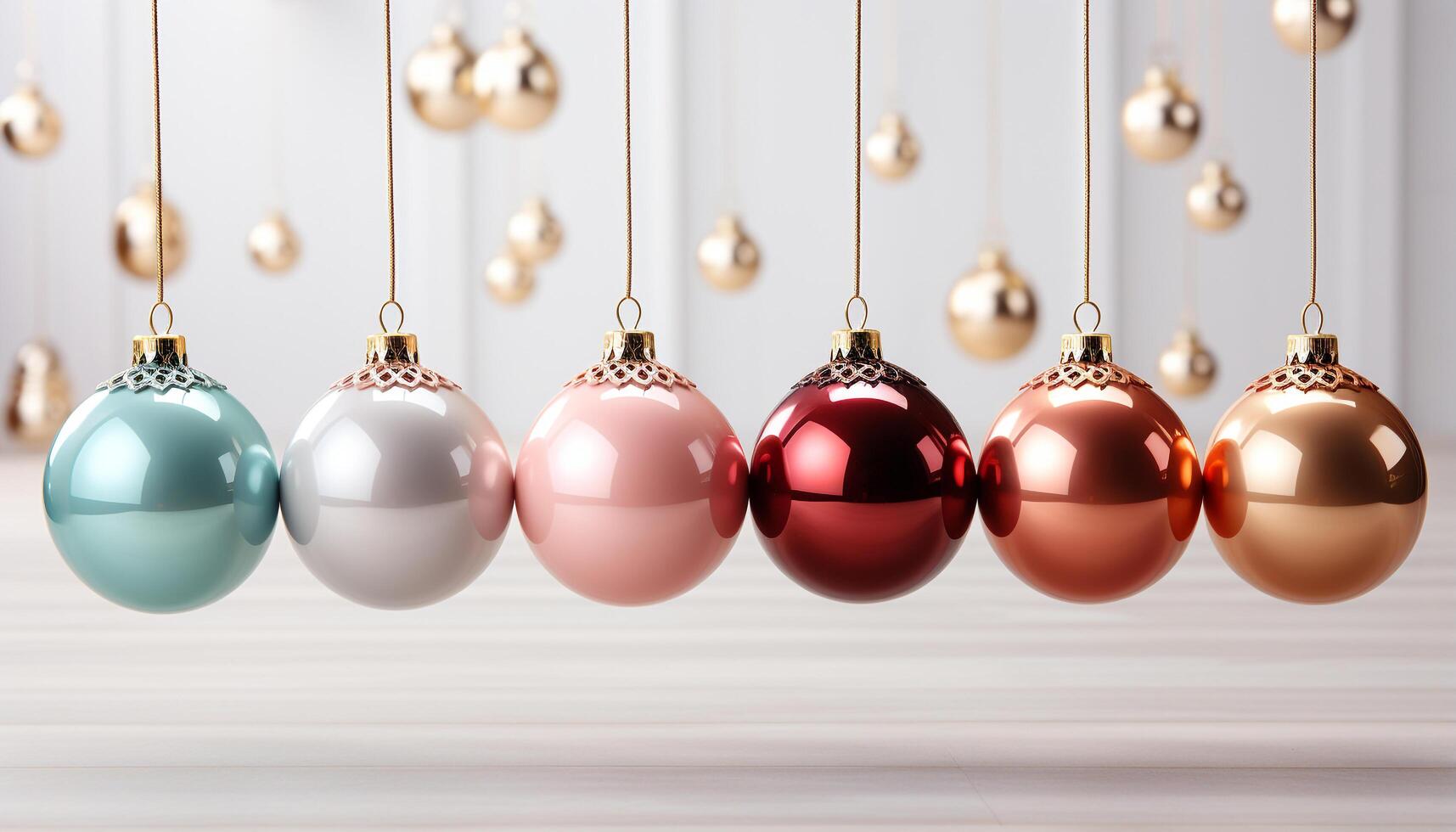 AI generated Christmas ornaments hanging in a row, glowing with vibrant colors generated by AI photo