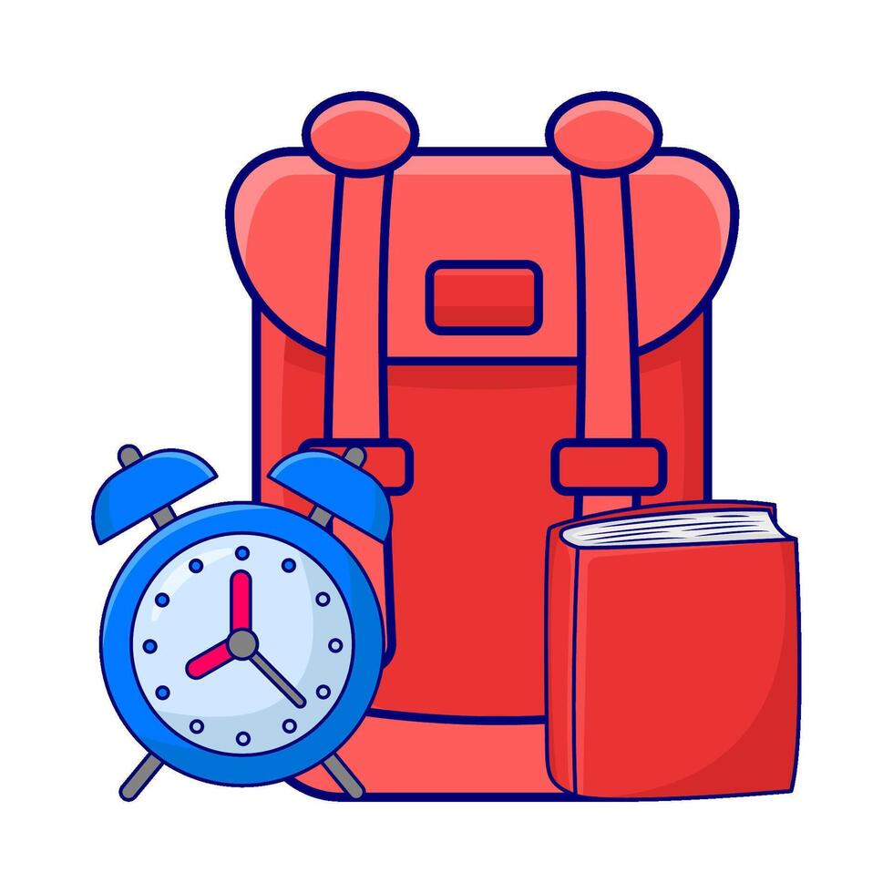 backpack school, alarm clock time with book illustration vector