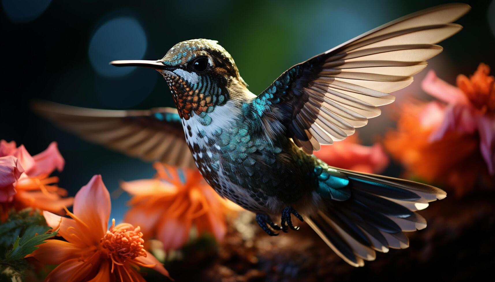 AI generated Hummingbird spreads vibrant wings, pollinating flowers in nature beauty generated by AI photo