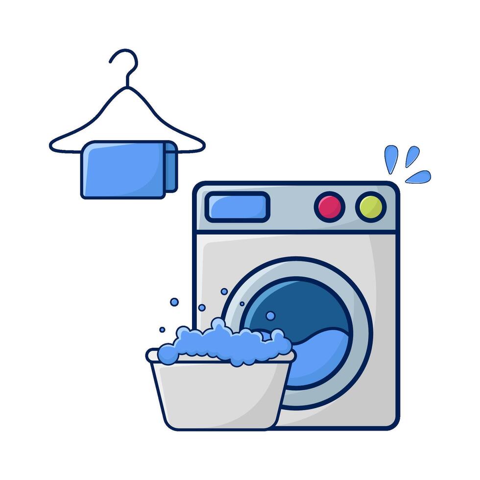Lavado máquina, toalla colgando con agua en bajo ilustración vector