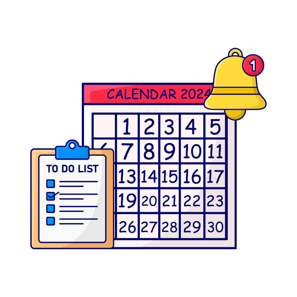 calendar, to do list with bell notification illustration vector