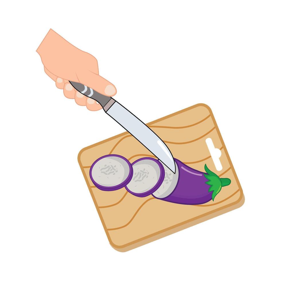 knife in hand slice slice eggplant with in cutting board illustration vector