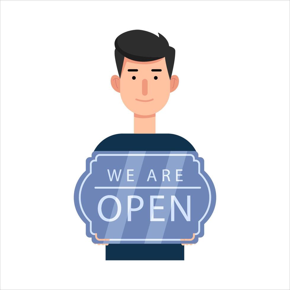 open in sign board with in person illustration vector