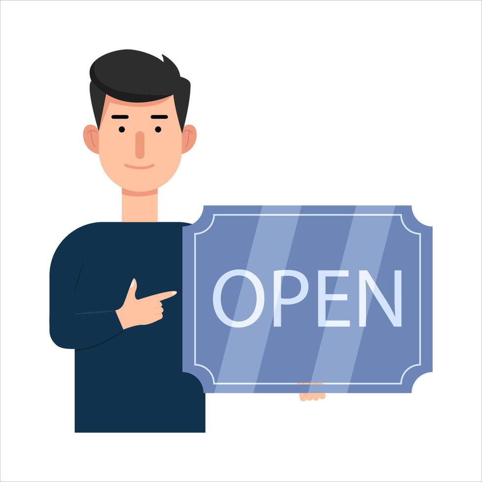 open in sign board with in person illustration vector