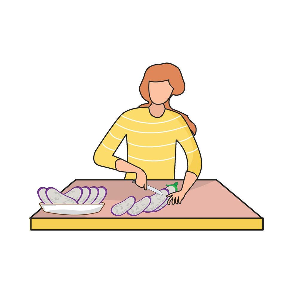 people cutting eggplant illustration vector