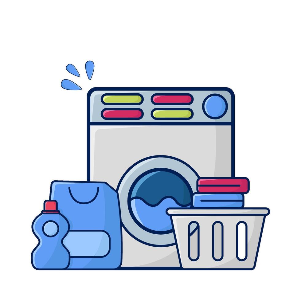 Lavado máquina, botella detergente con lavandería en bajo ilustración vector