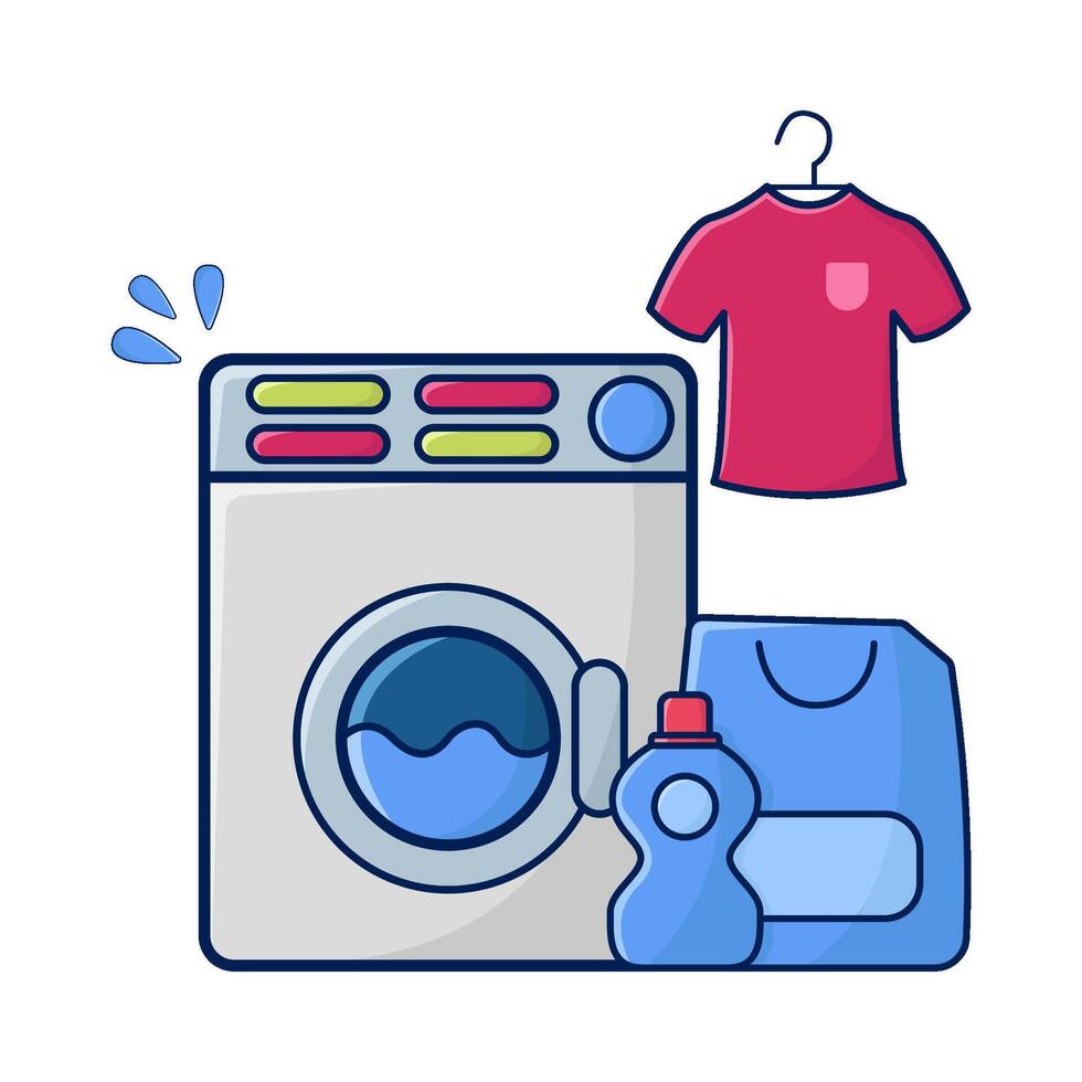 washing machine, cloth hanging with bottle detergent illustration vector