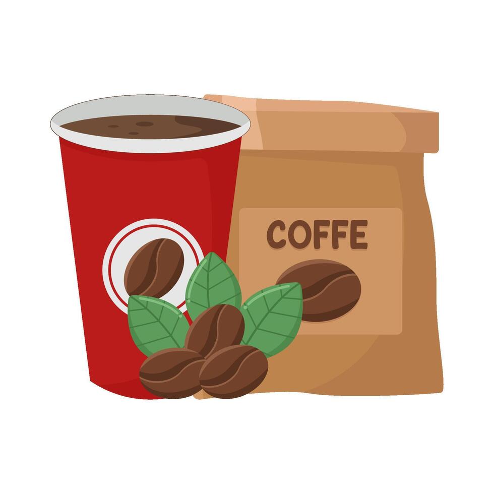 coffee bag, cup coffee drink with coffee beans illustration vector