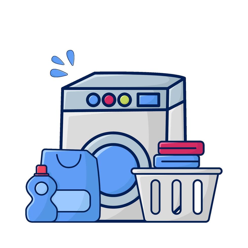 Lavado máquina, botella detergente con lavandería en bajo ilustración vector