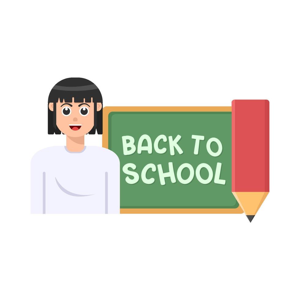 back to school text in board, pencil with student illustration vector