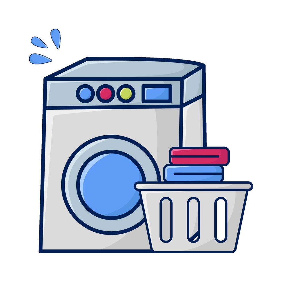 Lavado máquina con lavandería en cesta ilustración vector