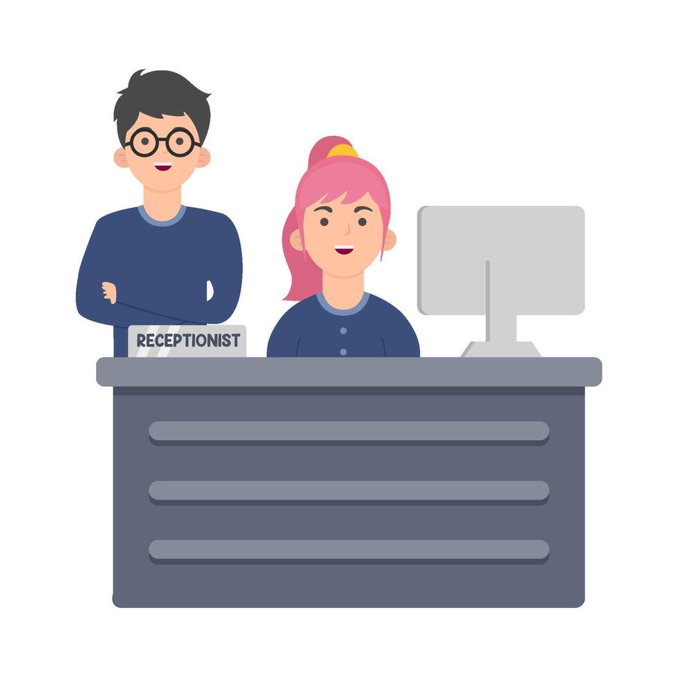 front desk man with front desk women in table work illustration vector