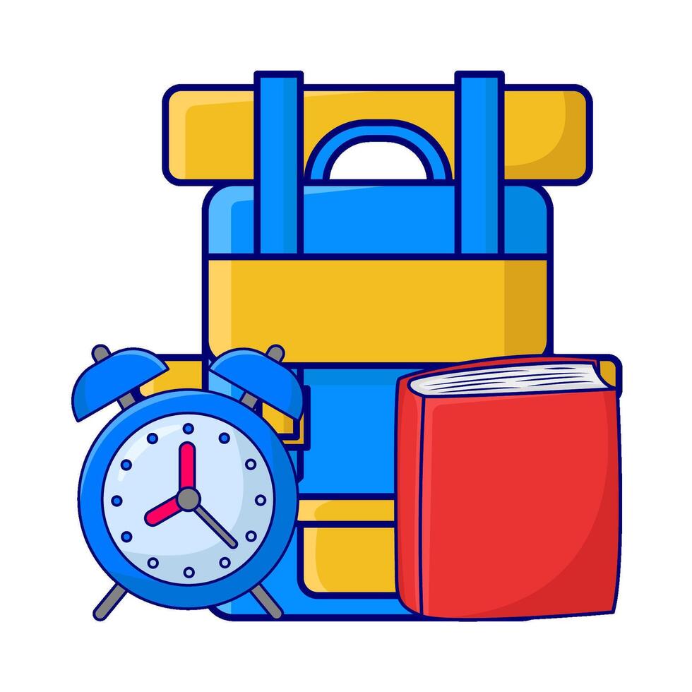 backpack school, alarm clock time with book illustration vector