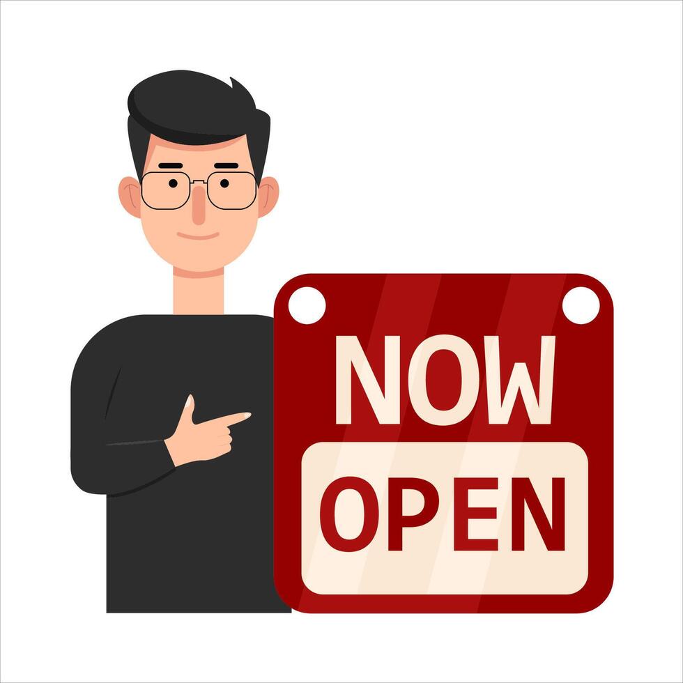 open in sign board with in person illustration vector