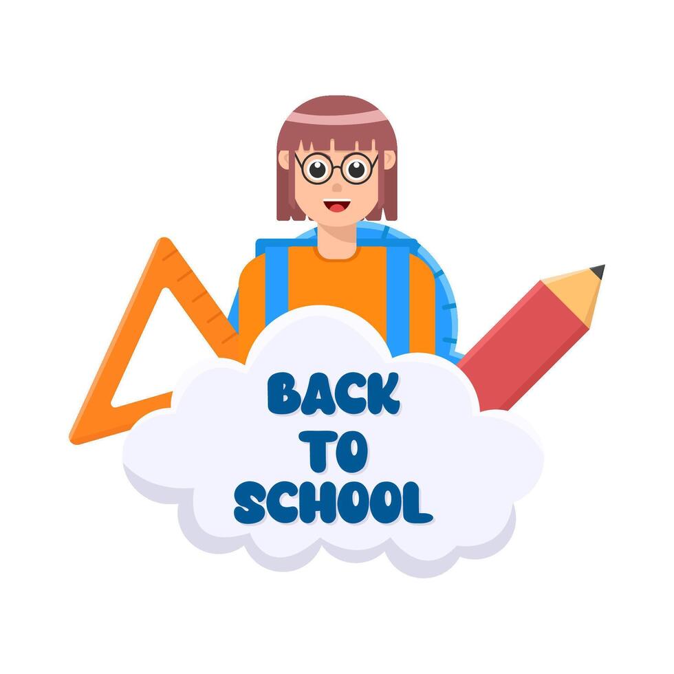 back to school text in cloud box bubble, student with stationary illustration vector