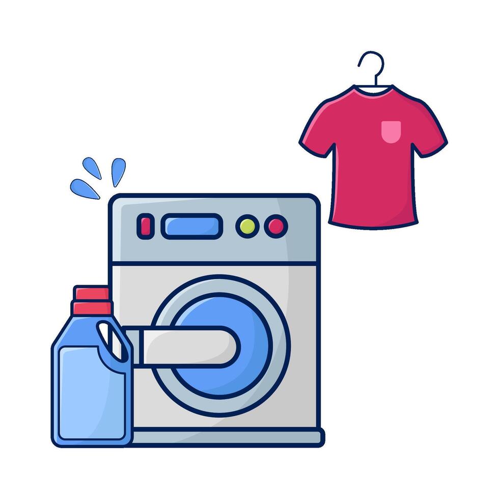 Lavado máquina, paño colgando con botella detergente ilustración vector