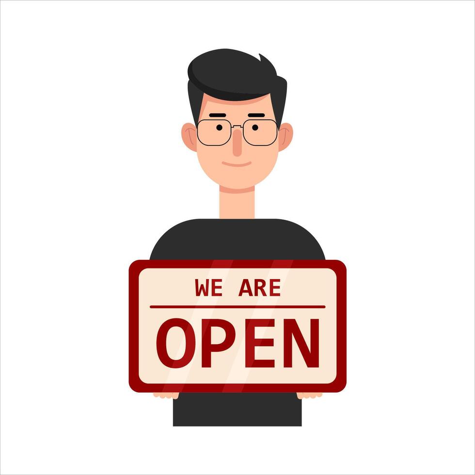 open in sign board with in person illustration vector
