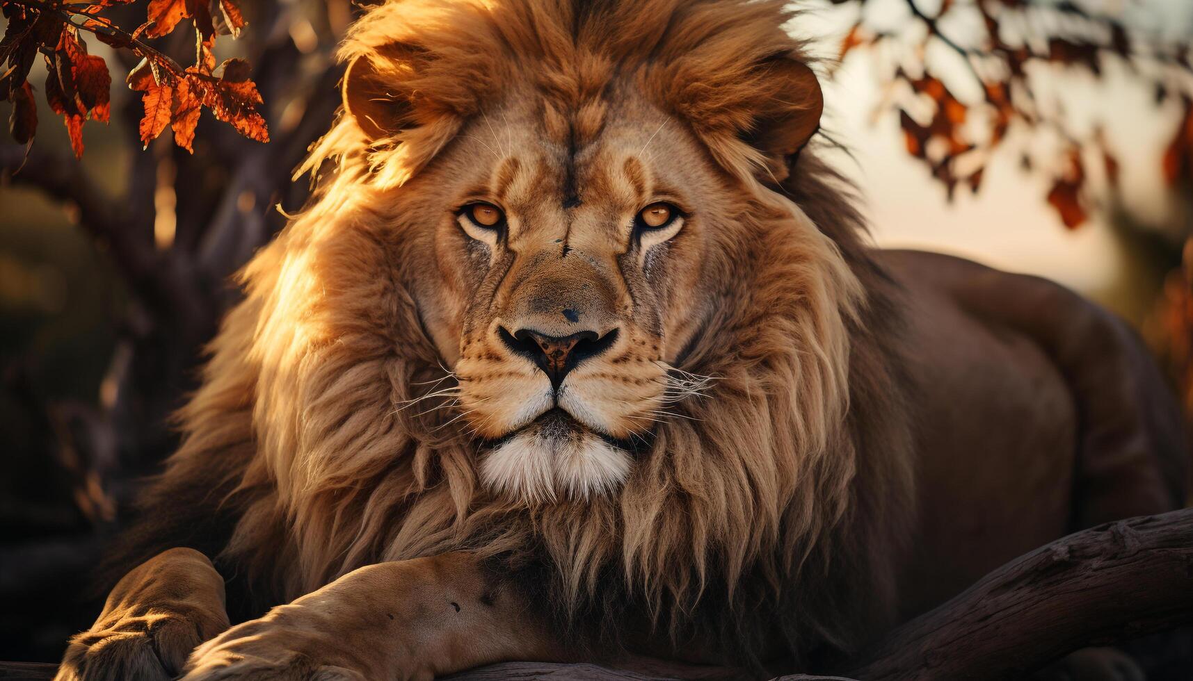 AI generated Majestic lion resting in the wilderness, alertness in its eyes generated by AI photo