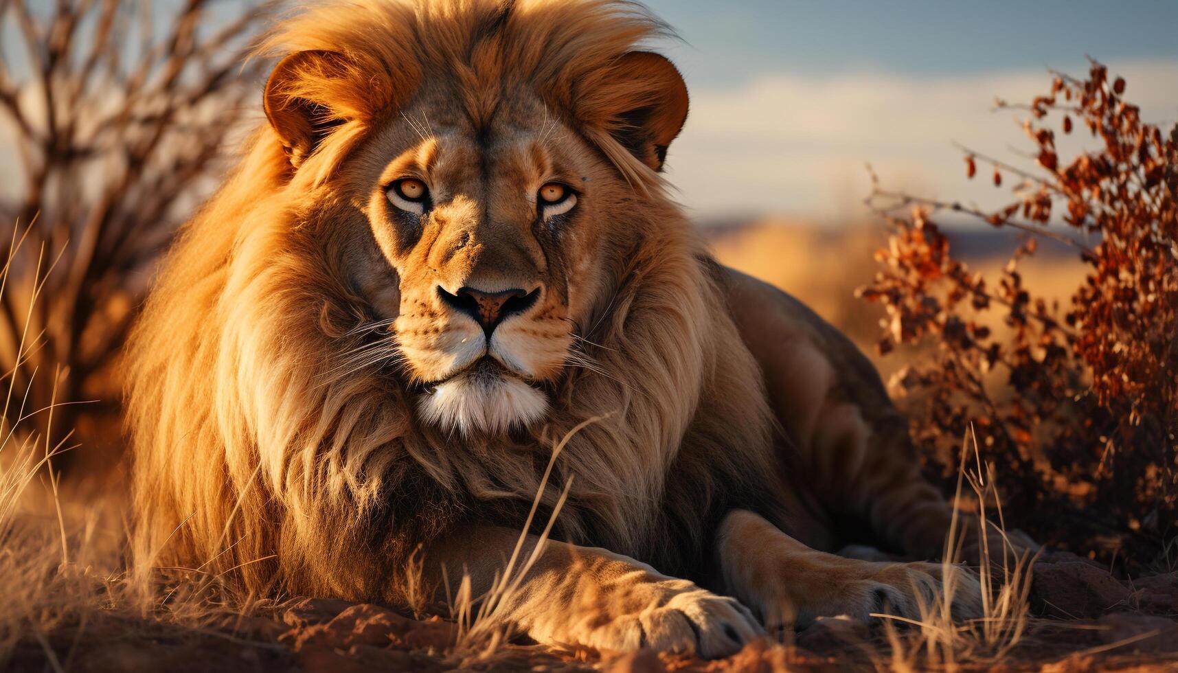AI generated Majestic lion resting in the wilderness, sunset beauty in nature generated by AI photo