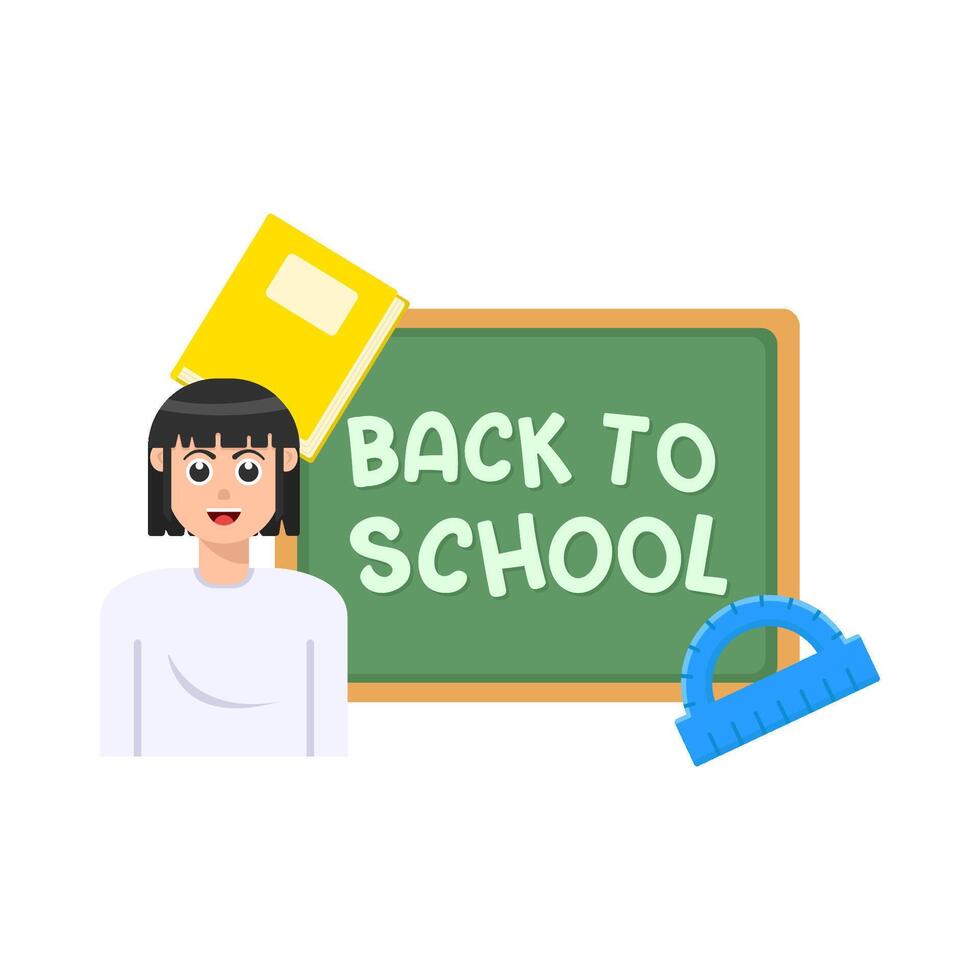 back to school text  in board, arc ruler, ruler with student illustration vector