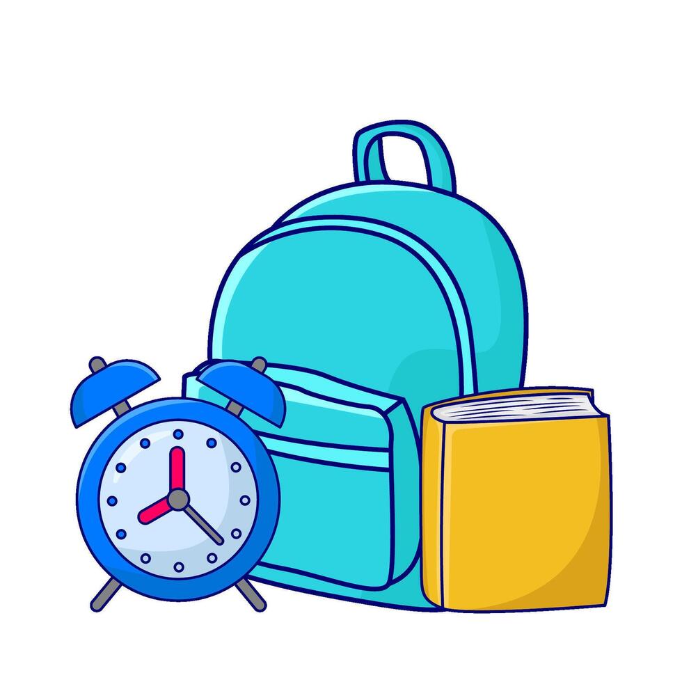 backpack school, alarm clock time with book illustration vector