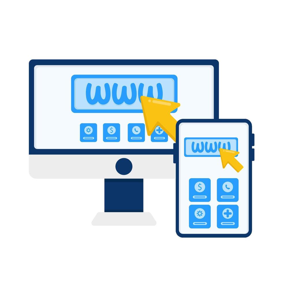 website in monitor, website in mobile phone with person illustration vector