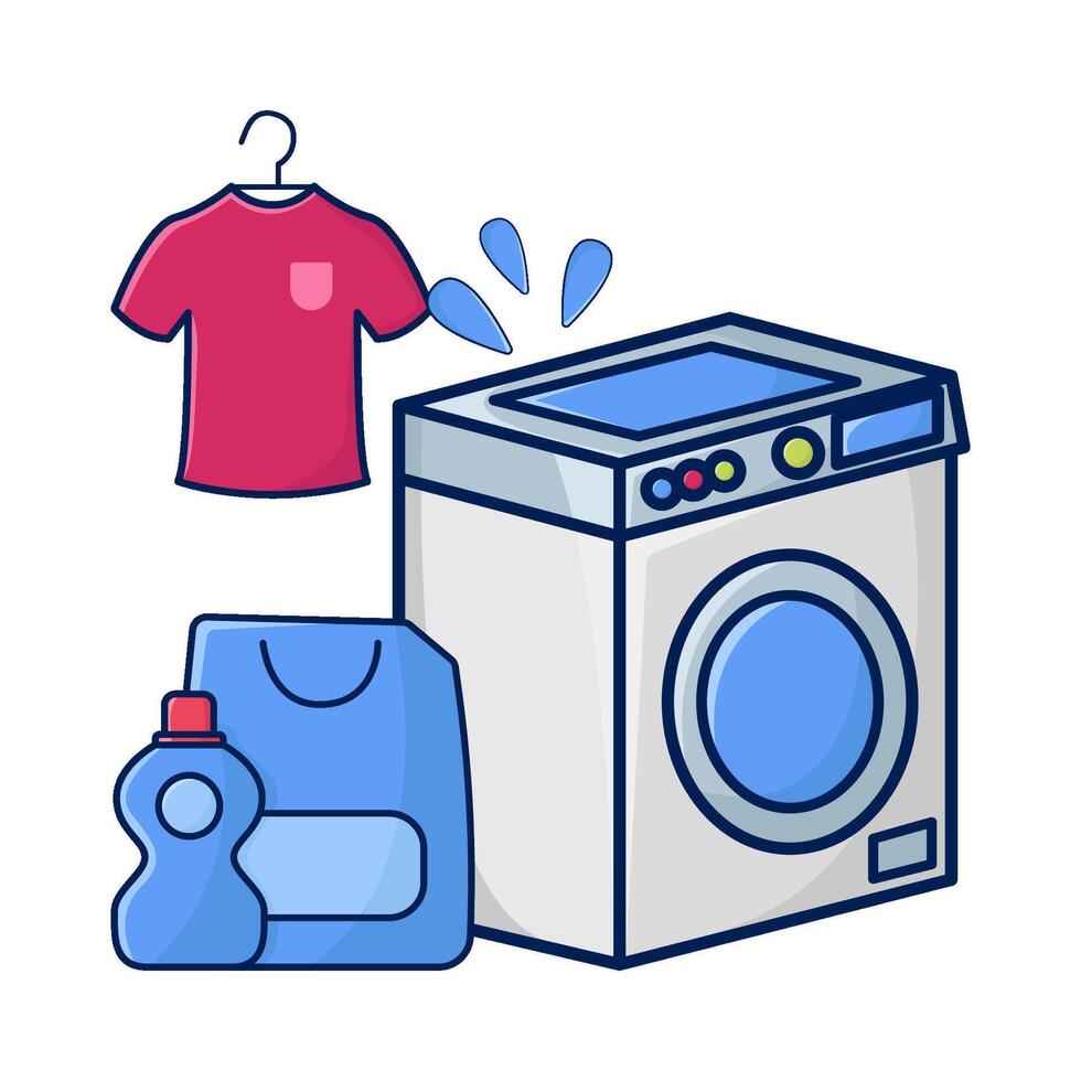 washing machine, cloth hanging with bottle detergent illustration vector