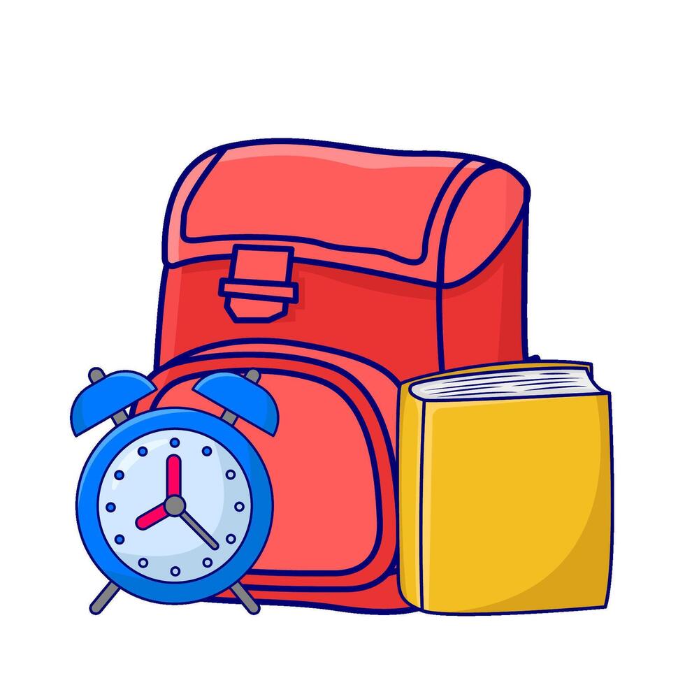 backpack school, alarm clock time with book illustration vector